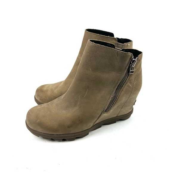 Sorel Joan Of Arc Bootie 9 Brown Tan Wedge Ankle Boots Womens Zip Up - Picture 1 of 8